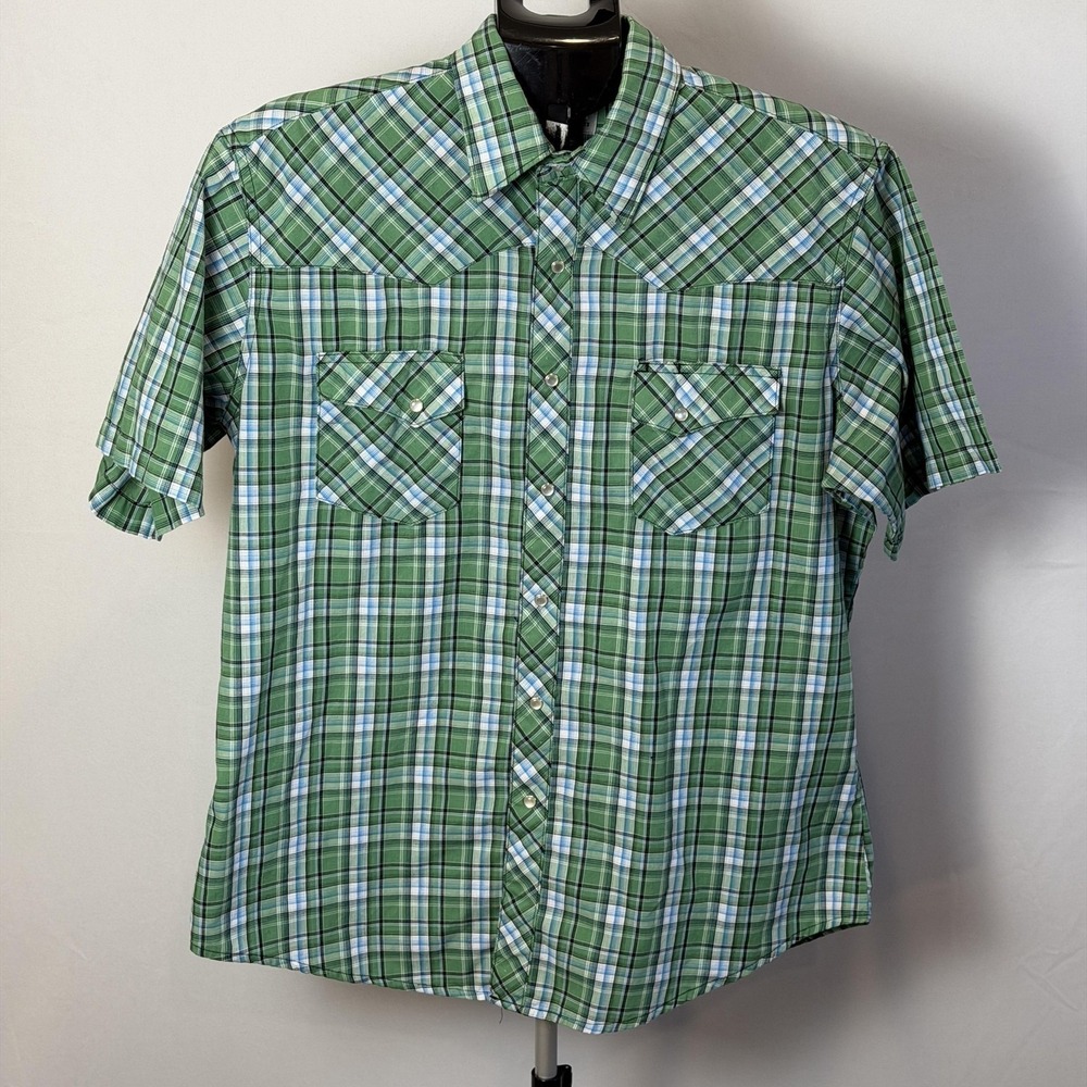 Wrangler Shirt Men Aprx:Large Green Plaid Western Pearl Snap Short Sleeve Cowboy